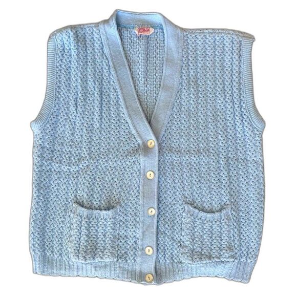 80s Vintage Baby Blue Sleeveless Sweater Vest Knit Cardigan Top size XXL - Picture 1 of 6